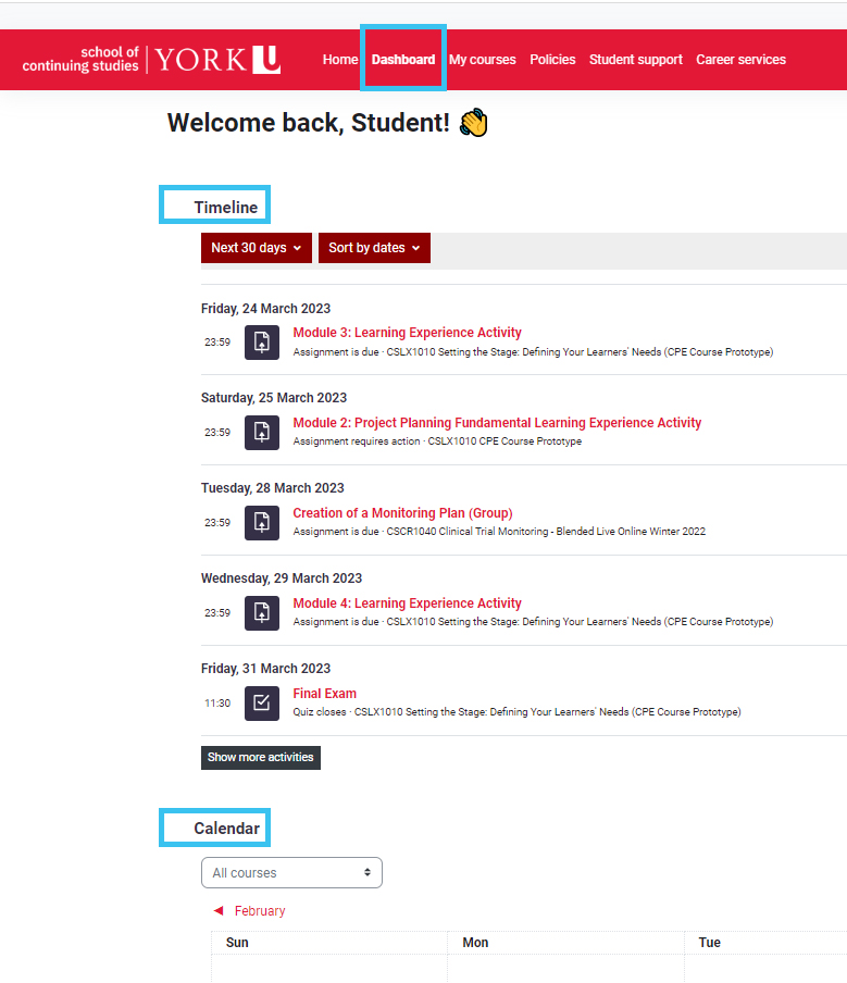 Dashboard page displaying Timeline and Calendar blocks
