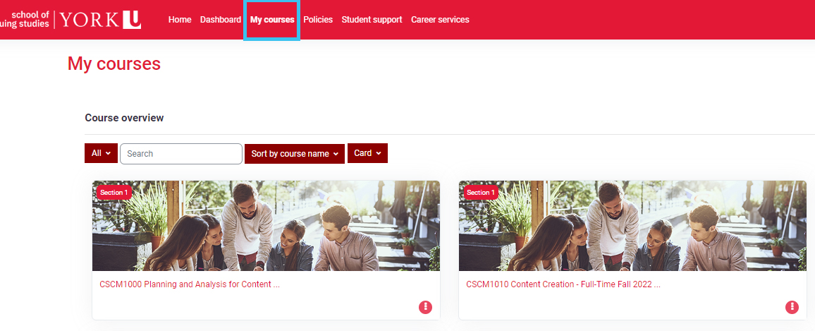Accessing My courses page